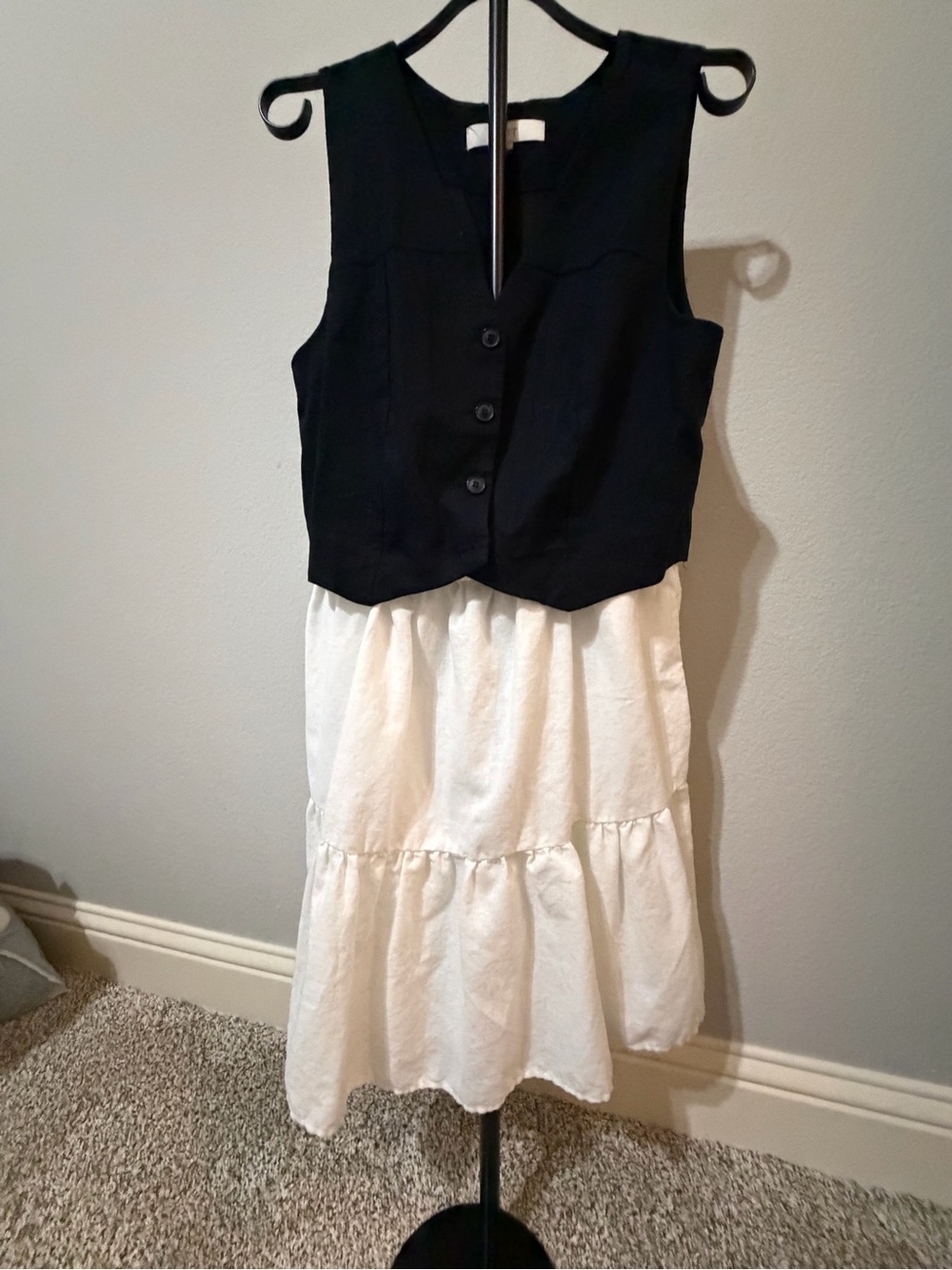 LOFT Black Vest over White Tiered Dress